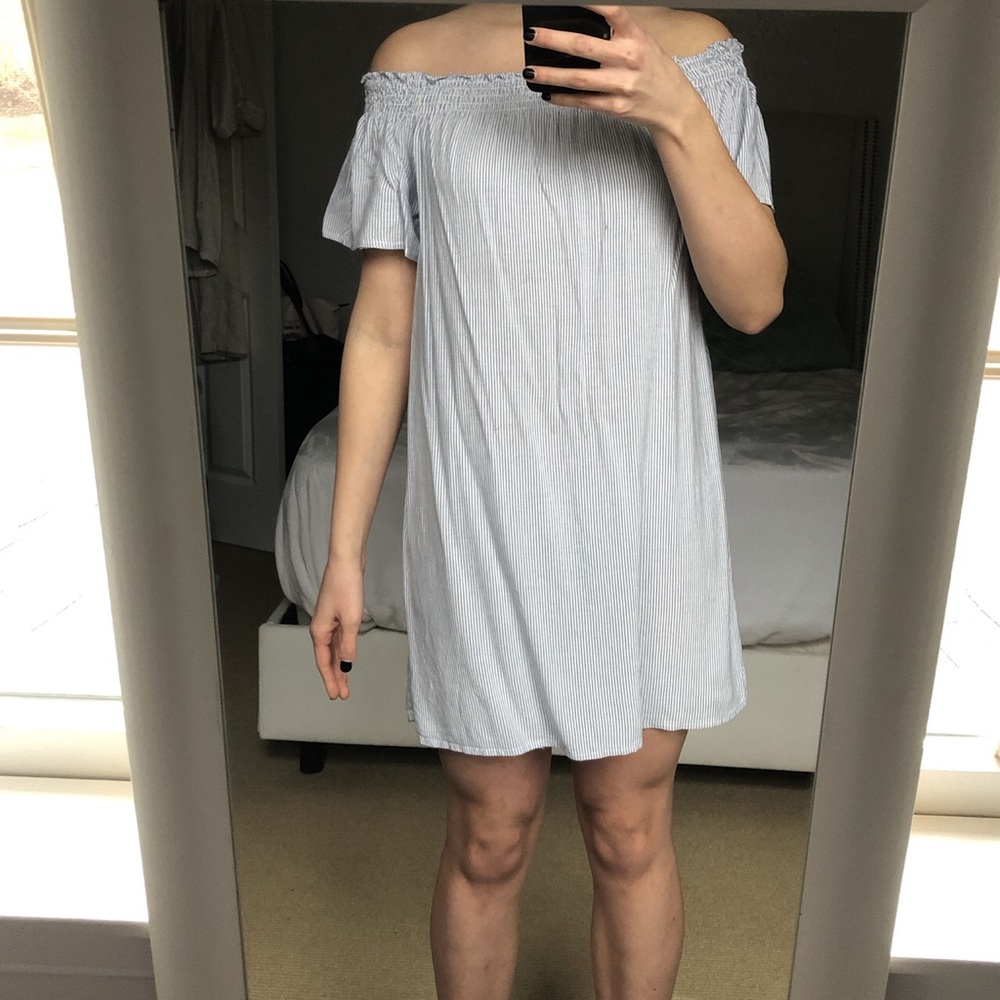 Brandy Melville off shoulder blue pinstripe dress
